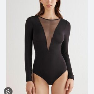 🌟INTIMISSIMI🌟 MESH INSERT V NECK PLUNGE LONG SLEEVE BODYSUIT BLACK SZ S